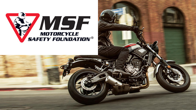 MSF - Motorcycle Safety Foundation. Rider on a cruiser style motorcycle.