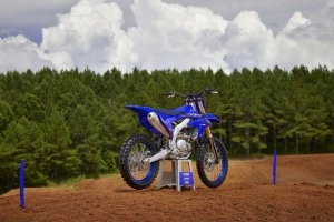 YZ450F Team Yamaha Blue on stand - view at angle}